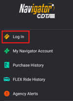 navigator main menu with login highglithed