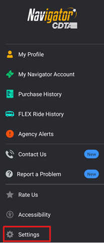navigator main menu settings highlighted