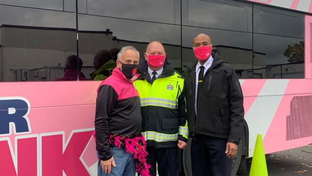 CDTA CEO Carm Basile, Albany Fire Chief Joseph Gregory and Albany Police Chief Eric Hawkins 4th Annual Pink Bus Pull Brings Essential Workers Together